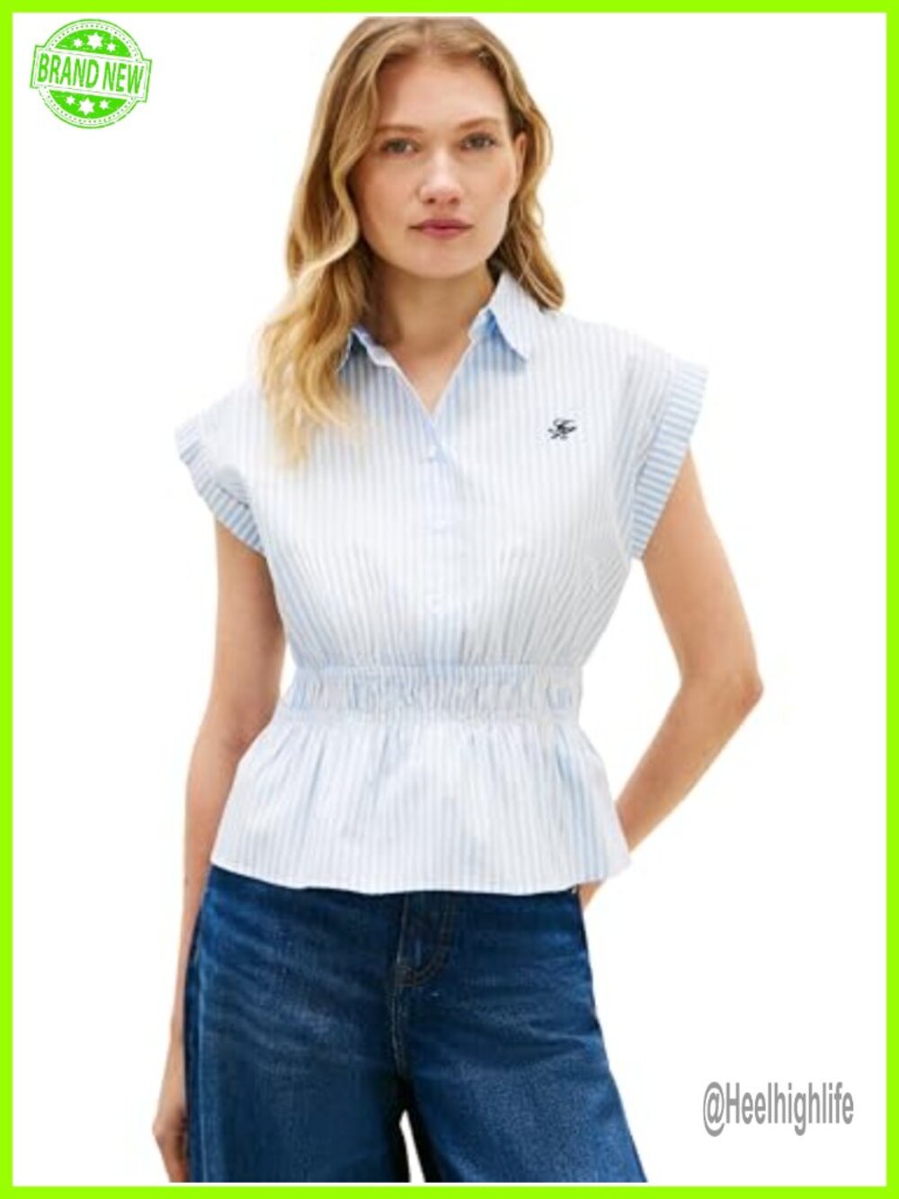 Sleeveless Cotton Button Down Peplum Blouse Smocked Waist